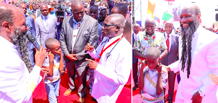 Dr. Zachary Kasepoi presenting a boy who he reported as totally deaf but had just received back his hearing when Prophet Owuor walked into the Nakuru revival meeting