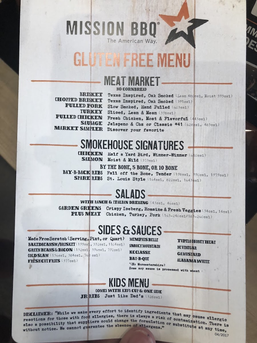 Mission BBQ gluten-free menu