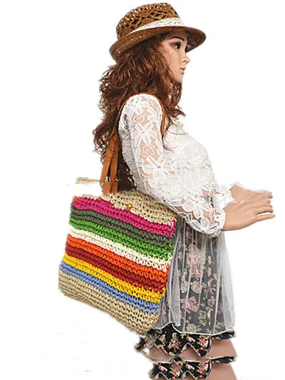 Title 4, Bolsa de palha feminina de crochê com fio de pa...