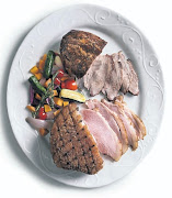 Gammon, roast pork rib eye and Mediterranean vegetables from Woolworths.