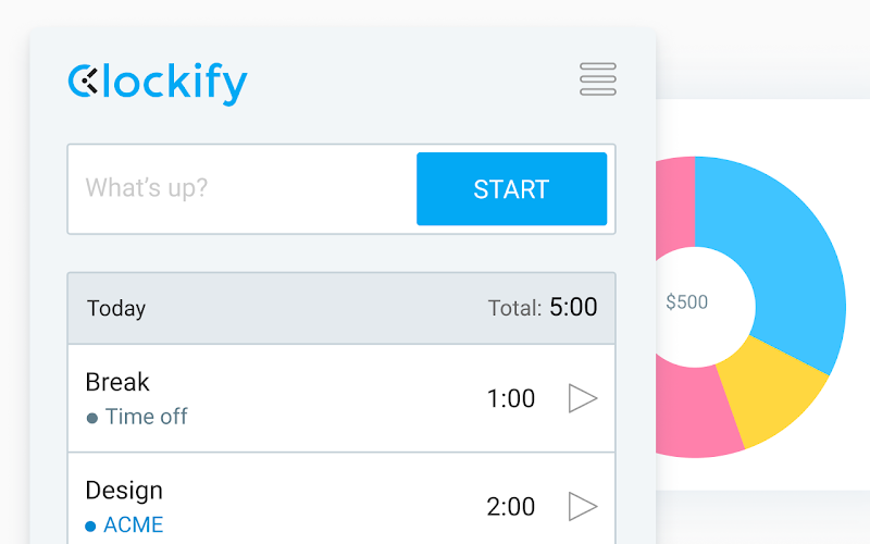 The Clockify extension timer showing time entries for the day.