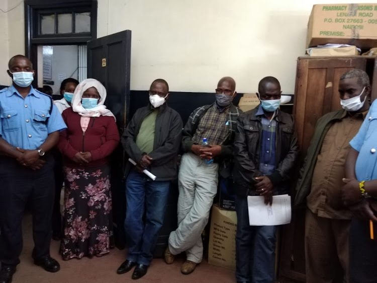 Five suspects in the Sh177 Million corruption scandal at the Maasai Mara University in Narok County. From leff, Mary Walingo, Simon Kasaine ole Seno, John Almadi Obere, Anaclet Biket Okumu and driver Noor Hassan Abdi.