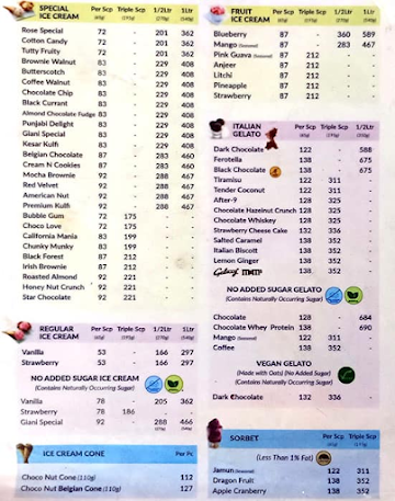 Giani Ice Creams menu 