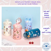 Bình Giữ Nhiệt Cute 850Ml Cho Bé Có Ống Hút Dễ Thương, Bình Nước Giữ Nhiệt 850Ml Cute Có Dây Đeo Inox 304 Tặng Sticker