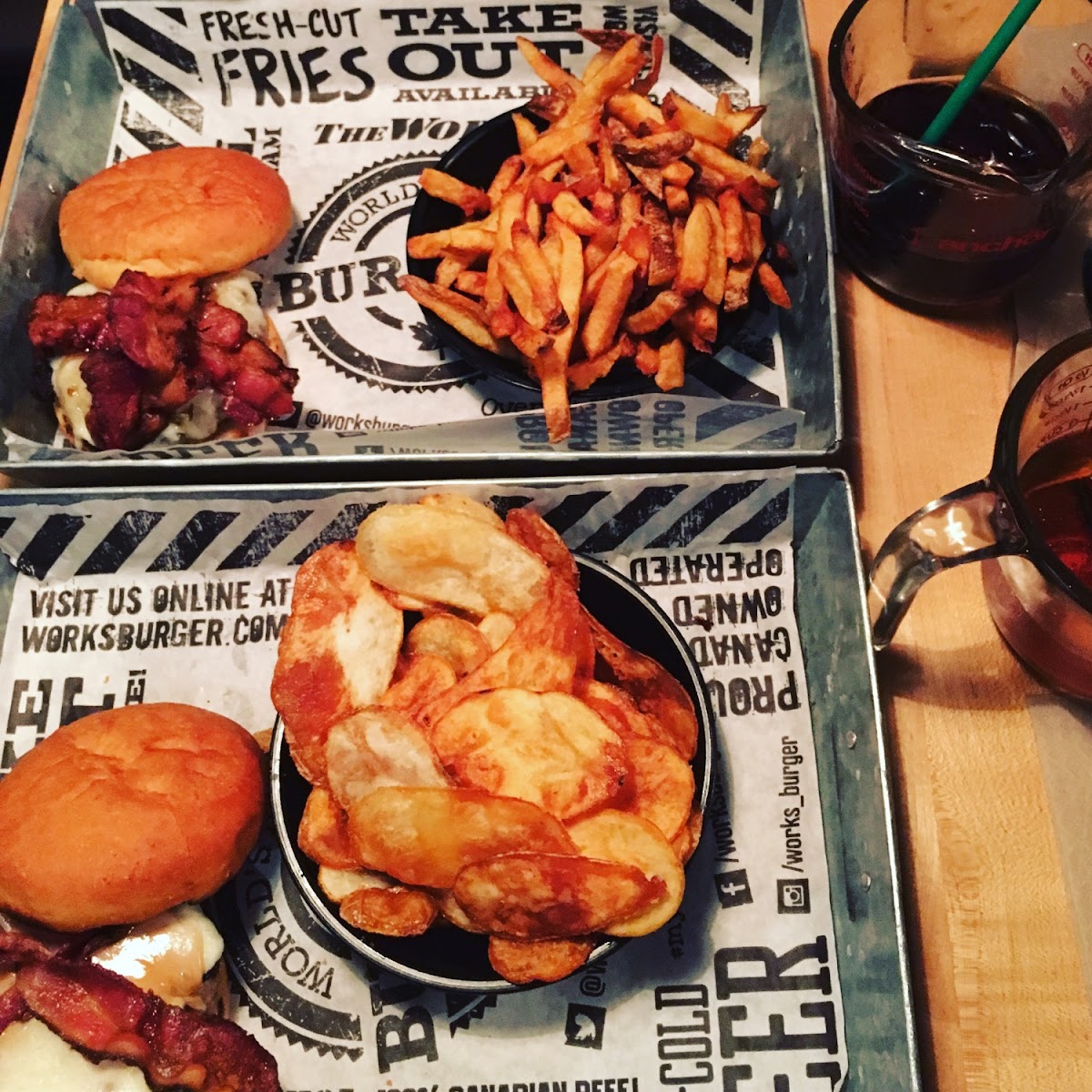 Top- Kid's Renegade burger on GF bun with fries 
Bottom- Sk8er burger (with peanut butter!) on GF bun with spicy die-cut chips