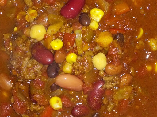 This is a fill you up chili, that's perfect for the big game day gathering, put together with some of your BBQ leftover.  Meat, corn on the cob, even celery sticks that didn't get eaten.  It's a crowd pleaser and your family will love it!!!  Enjoy!