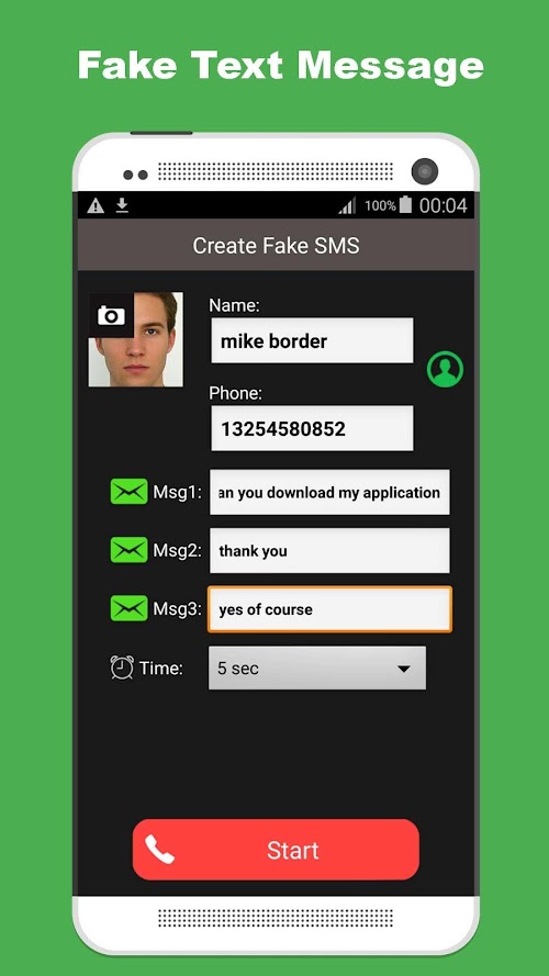 Android application Fake Text Message screenshort