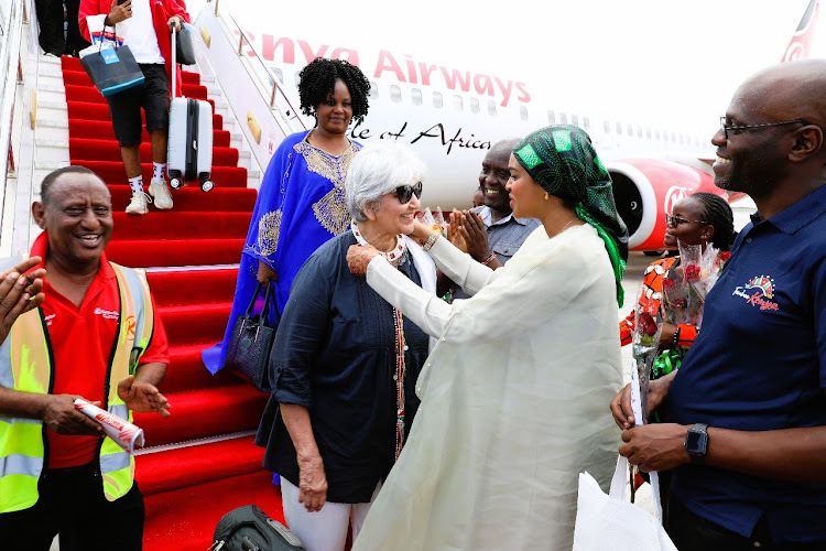 First batch of tourists aboard the inaugural Dubai-Mombasa direct flight arrive at the Moi International Airport, Mombasa on Friday, December 16.