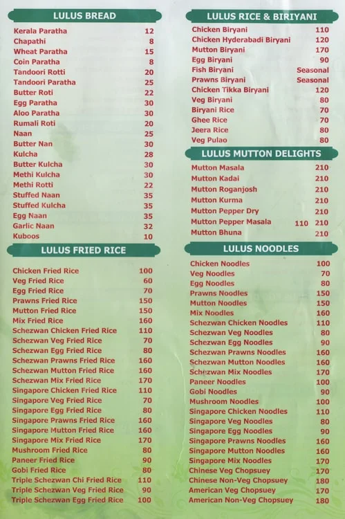 Lulu's Family Restaurant menu 