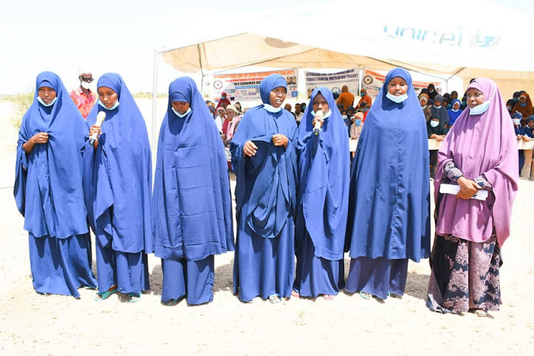 Pupils from Saretho Primary School recite a poem during the International Day of Zero Tolerance on FGM in Dadaab, Garissa county on Saturday February 7, 2021