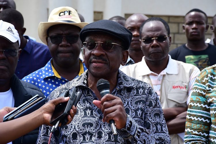 Siaya governor James Orengo addressing journalists on Friday outside his Siaya Office on May 10, 2024.