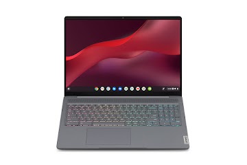 Une vue simple d'un Chromebook de jeu IdeaPad de 16 po ouvert sur l'écran d'accueil.