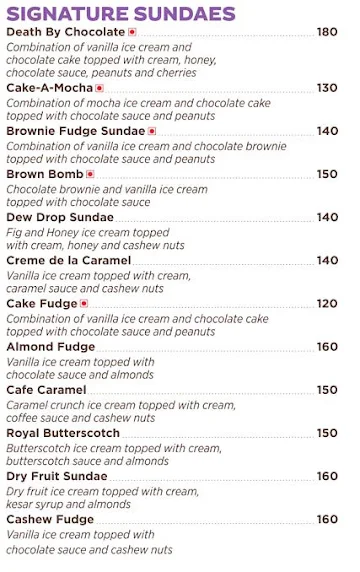 Corner House Ice Cream menu 