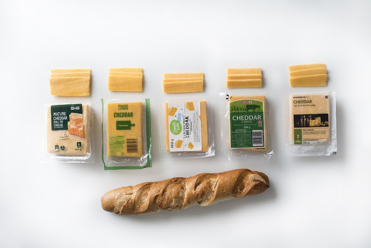 From left: cheddar cheese from Pick n Pay, Food Lover's Market, Checkers, Spar and Woolworths.