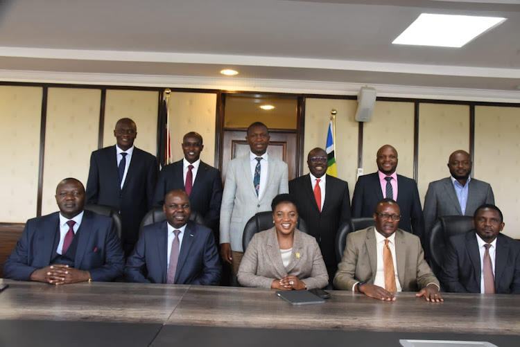 Health CS Susan Wafula and a delegation led by ICT counterpart Eliud Owalo during a meeting at Afya House on March 22, 2023