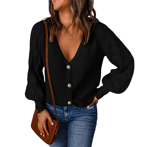 Title 10, Womens Solid Color Rhombus Puff Sleeve Knitted...