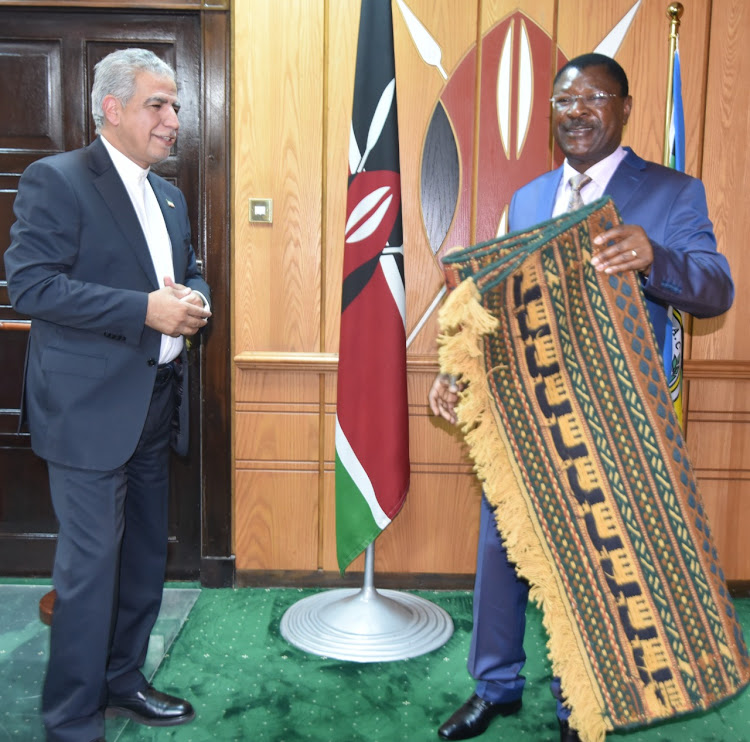 Iranian Ambassador to Kenya Jafar Barmaki together with the Speaker of the National Assembly Moses Wetang'ula on November 21.