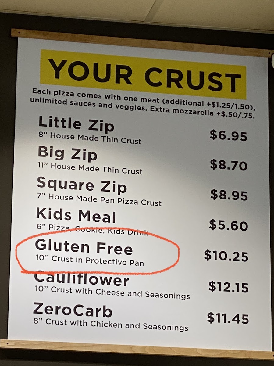 Azzip Pizza gluten-free menu