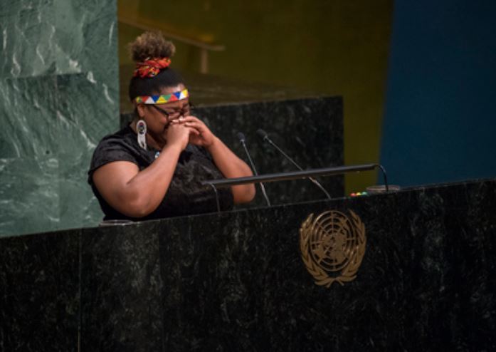 Grizelda Grootboom, civil society representative from South Africa and survivor of human trafficking, addresses the high-level meeting of the General Assembly to appraise progress achieved in the implementation of the United Nations Global Plan of Action to Combat Trafficking in Persons.