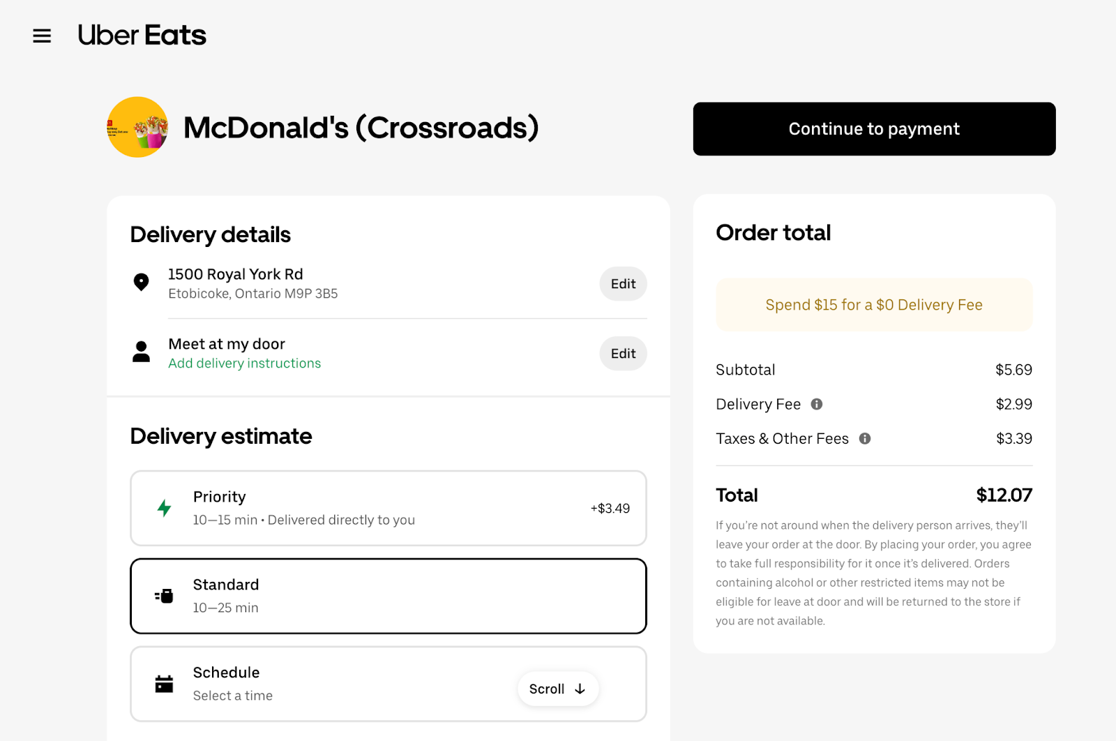 Uber Eats McDonald's Delivery details and payment details