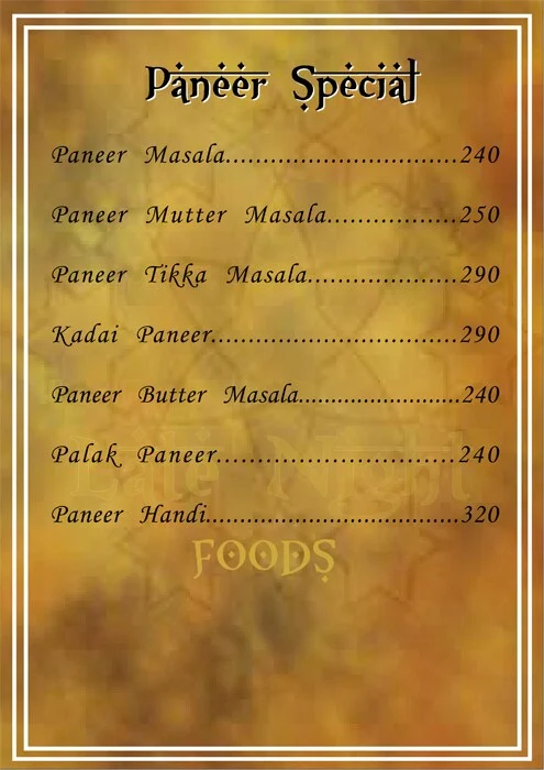 Late Night Foods menu 