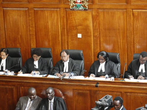 Appeal judges,Kalpana Rawal,Martha Koome,Erastus Githinji,Hannah Okwengu and David Maraga during the reading of the election date ruling at Supreme Court./FILE