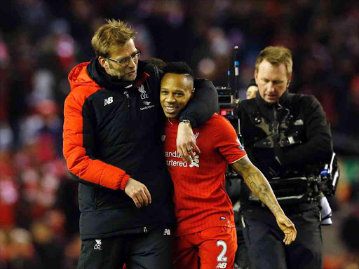 Liverpool manager Juergen Klopp celebrates with Nathaniel Clyne at the end of the game Liverpool v Manchester City - Barclays Premier League - Anfield - 2/3/16 Reuters / Phil Noble