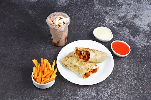 Shawarma With French Fries And Chocolate Milkshake