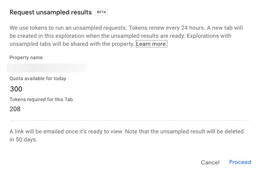 Cuadro de diálogo para solicitar resultados sin muestrear que incluye la cuota disponible y el número de tokens necesarios para la solicitud.