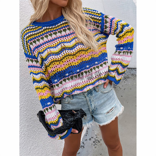 Title 2, Stitching Sweater Loose Inter-color Rainbow Rou...