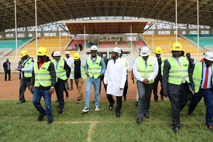 Sports CS Ababu Namwamba, Kakamega Governor Fernandes Barasa and other officials inspect Bukhungu Stadium on January 18, 2023