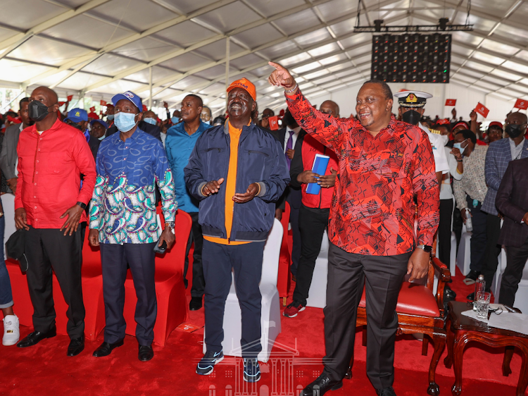 FROM LEFT: President Uhuru Kenyatta, ODM leader Raila Odinga, Wiper leader Kalonzo Musyoka and KANU's Gideon Moi at Jubilee NDC on Saturday, February 26, 2022.