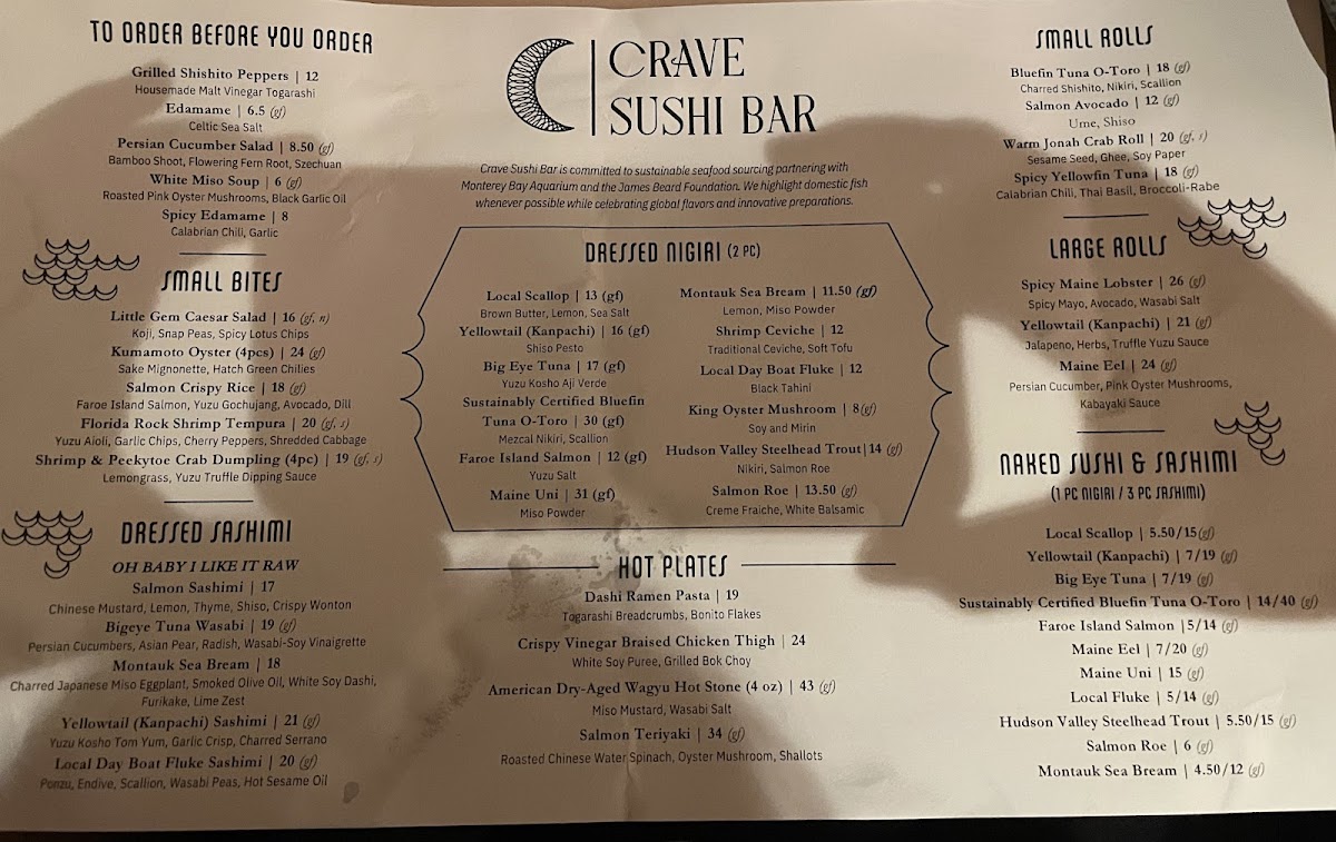 Crave Sushi Bar gluten-free menu