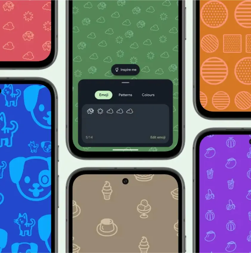 A mosaic image of various wallpaper screens on Pixel phones side by side