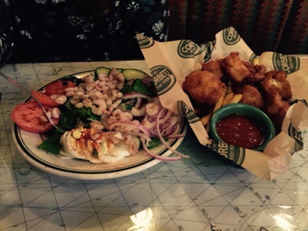 Shrimp Louie salad and cod fish and chips