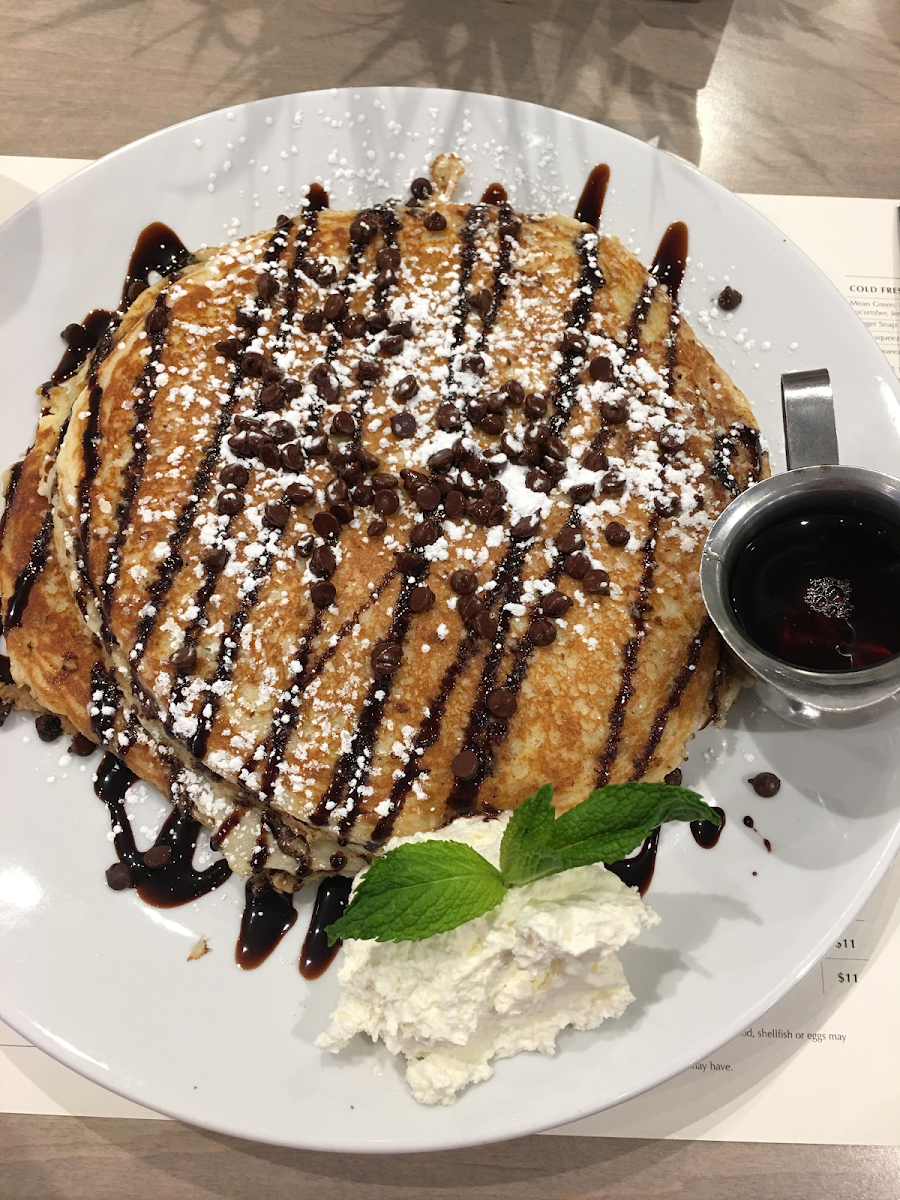 GF chocolate chip pancakes!! So yummy!! Notice how big they are and how fluffy!! Too good!!