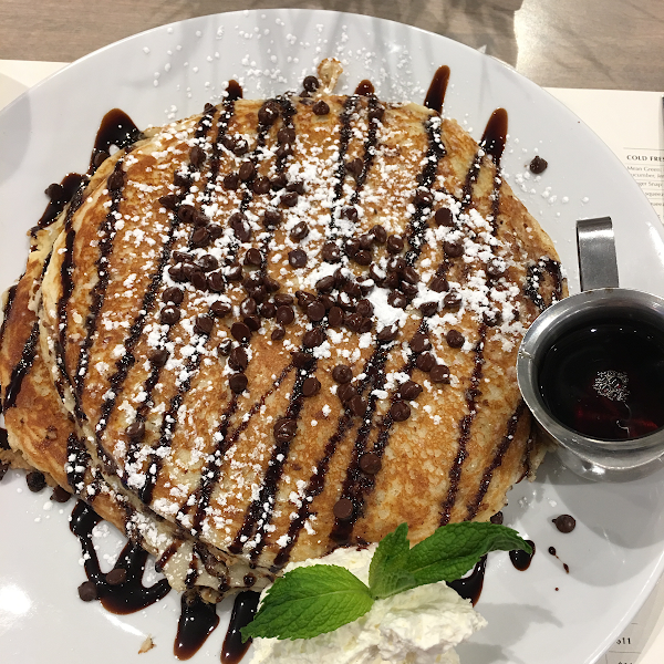 GF chocolate chip pancakes!! So yummy!! Notice how big they are and how fluffy!! Too good!!