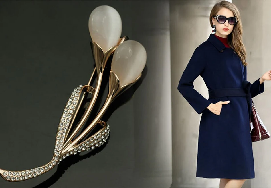 Broche de tulipán con piedra de ópalo Joyería elegante para mujer Broches de flores con diamantes de imitación Accesorio de moda