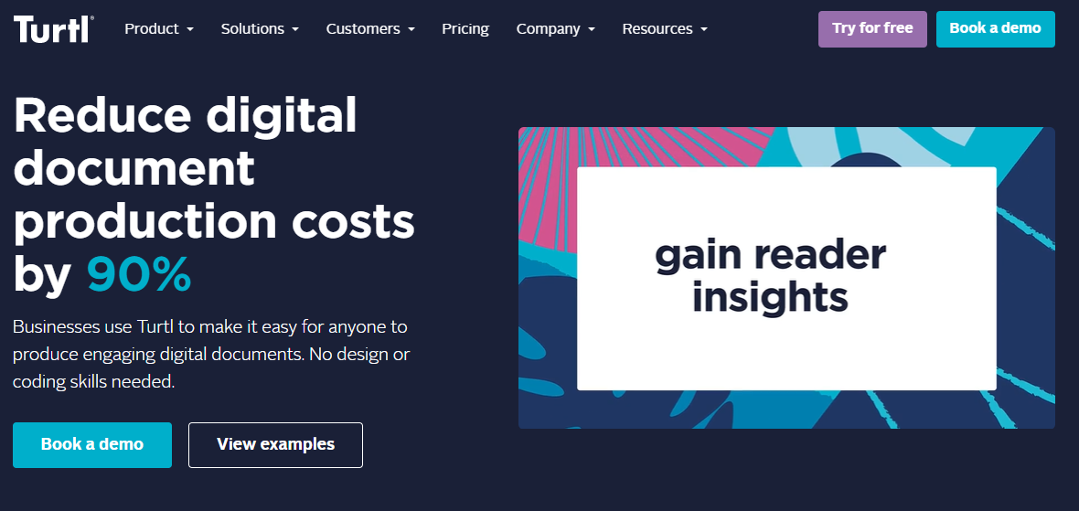 Image of Turtl's homepage. The text says reduce digital document production costs by 90%.