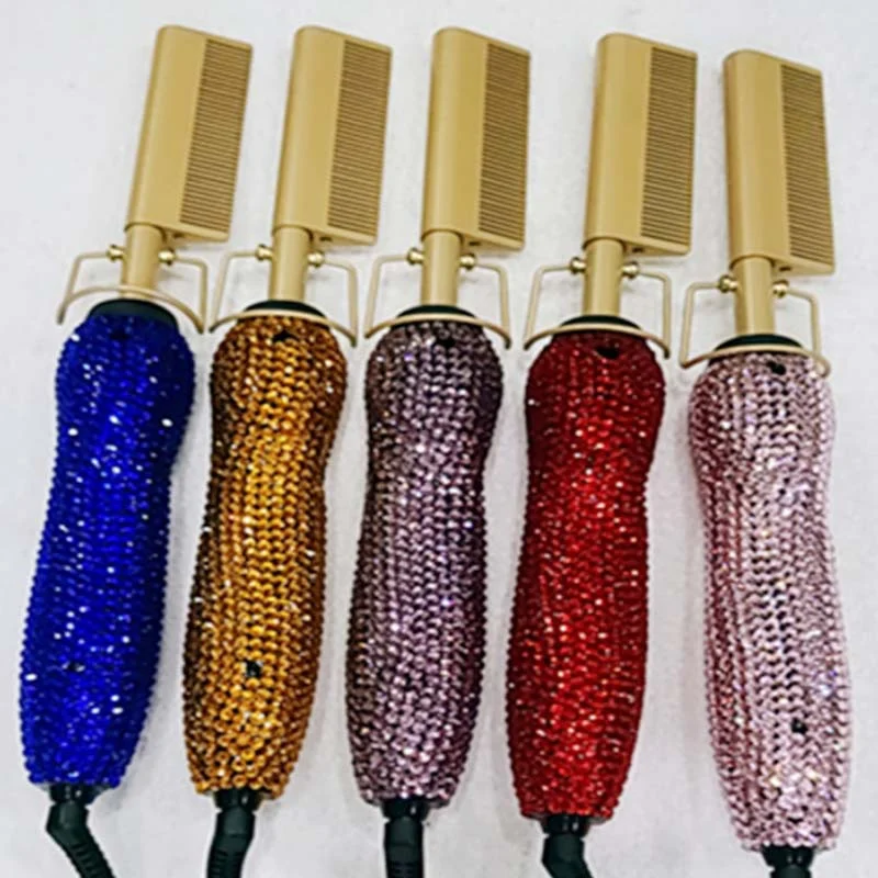 Ensemble peigne coiffure lisse et bouclé avec strass en verre, double usage, peigne à lisser les cheveux doré orné de diamants