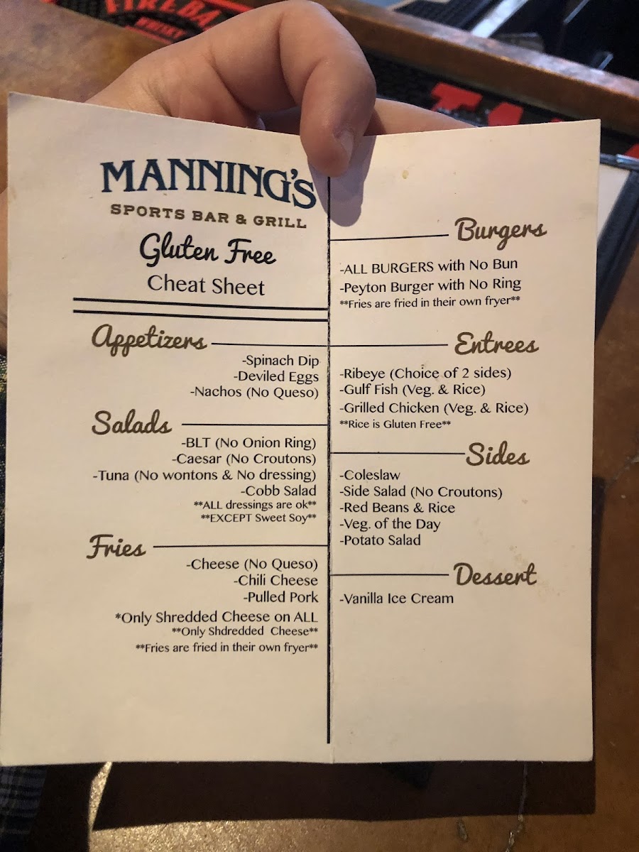 Manning's gluten-free menu