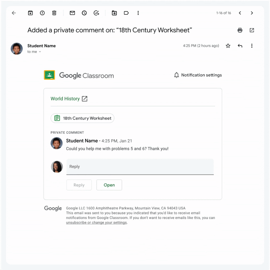 Google Classroom で生徒から「プロジェクト 5 と 6 を手伝ってもらえますか？よろしくお願いします。」と聞かれました。教師は限定公開のコメントで「もちろん。先週の課題に、いつくかヒントがあります。」と返信します。