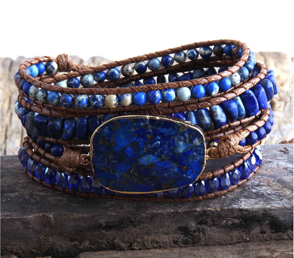 Vintage Emperor Stone leren armband met natuurlijke hoeksnede