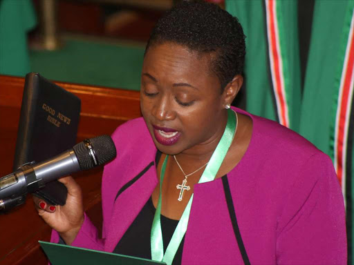 Murang'a women representative Sabina Chege takes the oath of office during the swearing in of the 12th Parliament August 31,2017.Photo/HEZRON NJOROGE