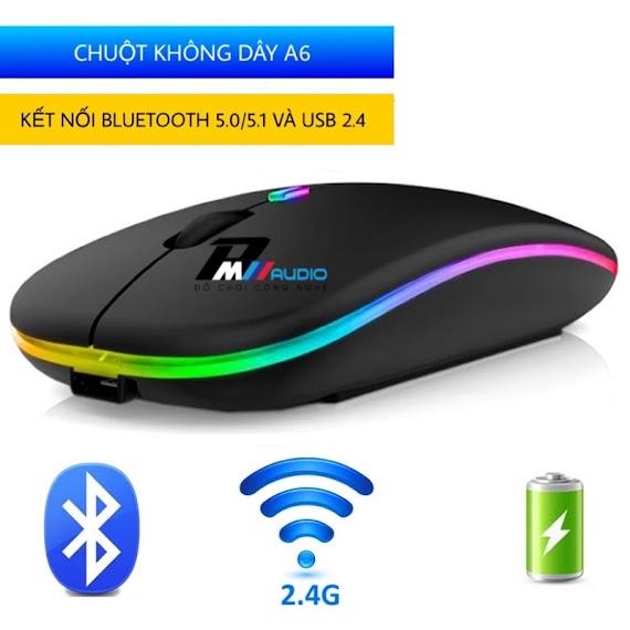 Chuột Không Dây A6 Sạc Pin Tích Điện Kết Nối Bluetooth 5.0 Và Usb 2.4 Có Led Và Không Led Cho Máy Tính Laptop Smartphone