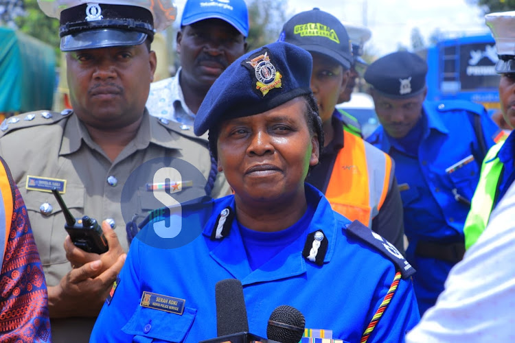 Head of traffic operations from the traffic Headquaters Serah Khoki speaking to the media over the important of observing traffic rules when Matatu Owners Association (MOA) launched the road safety campaign for public vehicles at Makongeni police station Nairobi on March 7, 2024