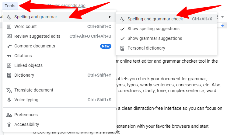 Guide to open spelling and grammar check tool in Google Docs