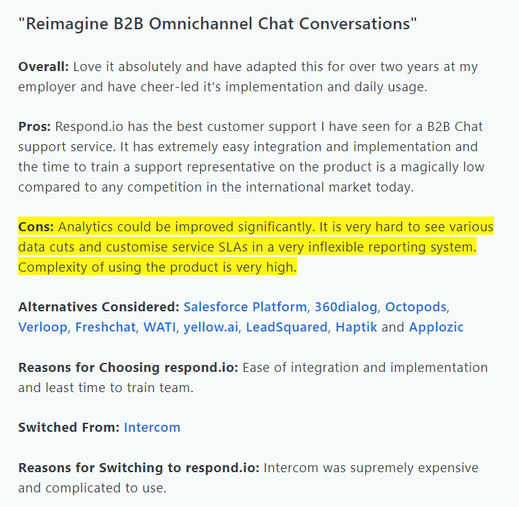 Bulk whatsapp sender | respond.io customer review highlighting its pros and cons