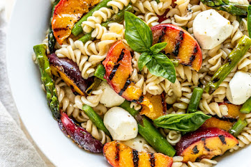 Grilled Peach + Asparagus Pasta Salad