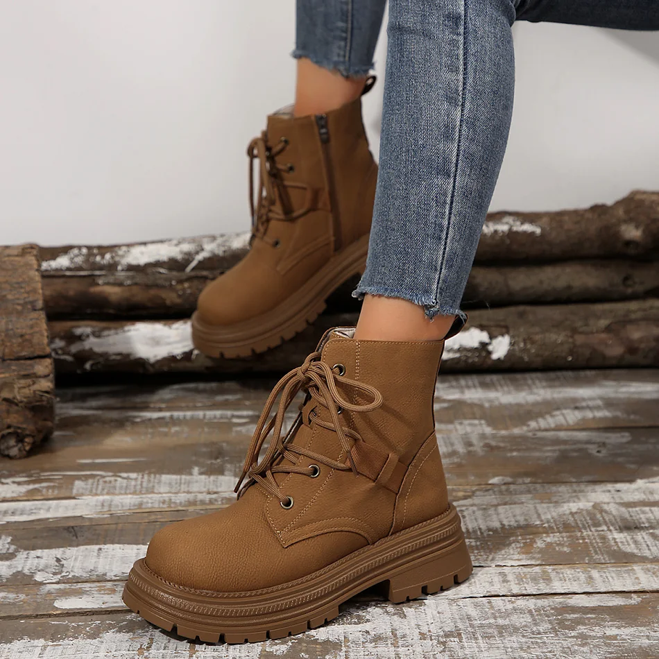 Vrouwen Square Heel Lace-up Boots Herfst Winter All-match Slim Schoenen Mode Enkelboots voor elke outfit en stijl.